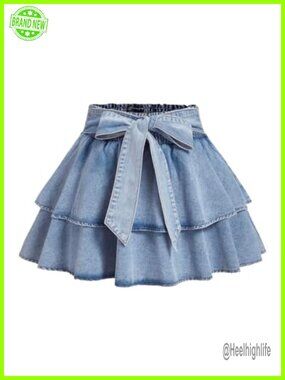 Plus Size Jean Mini Skirt Bow Layered Ruffle Denim A-Line